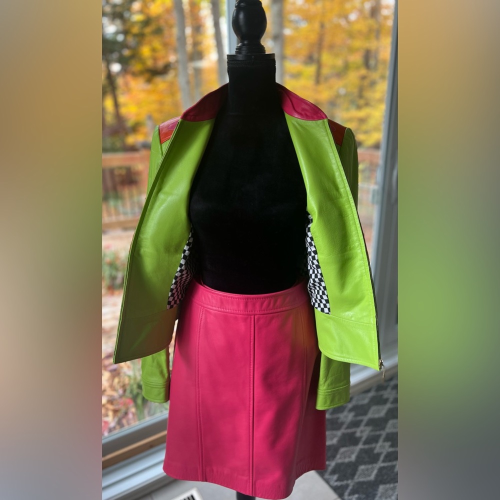✨ Escada 90’s 💗💚Colorblock Leather Jacket & Skirt Set! Collector’s Piece - Picture 6 of 11
